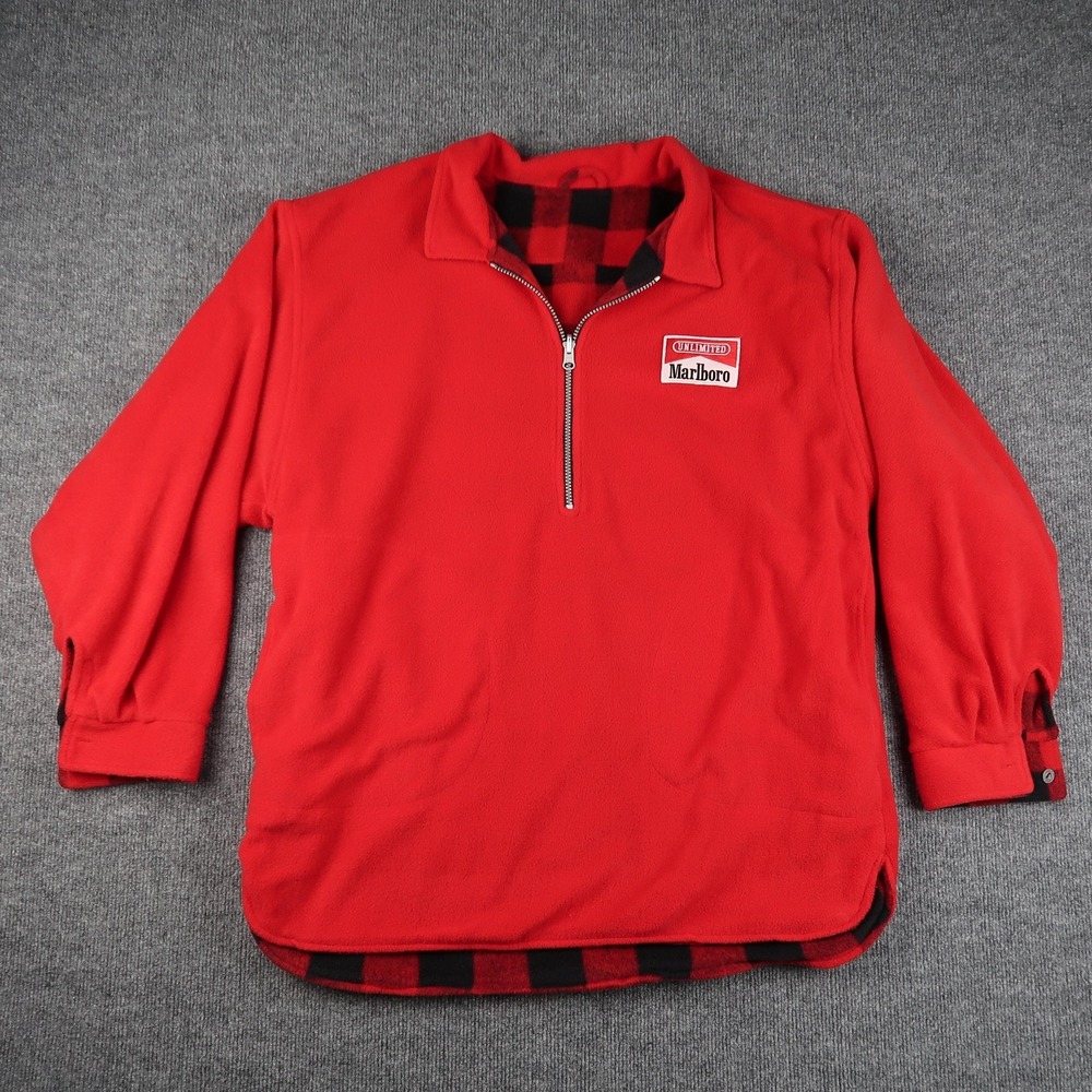 VTG Marlboro Unlimited Pullover Jacket Mens XL Fleece Plaid Lined Quarter Zip